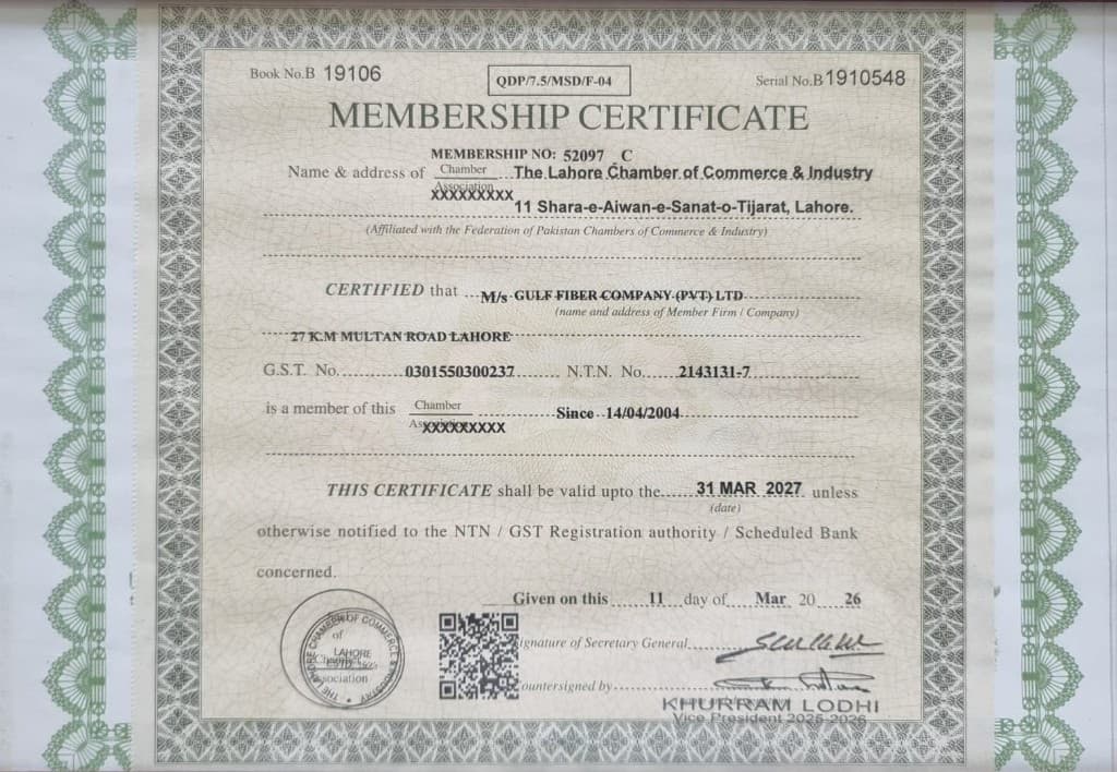 The Lahore Chamber of Commerce & Industry Membership Certificate