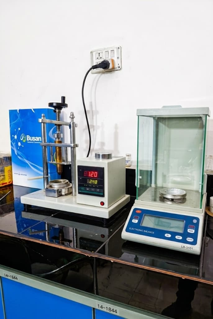 Quality control testing apparatus and precision balance in Gulf Fiber laboratory